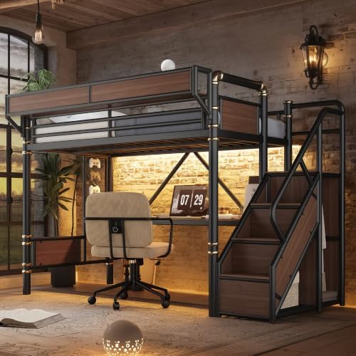 Twin Size Metal Loft Bed Frame with Storage Staircase & Built-in Desk & Wardrobe, Loft Bed with Pegboard & Mesh Storage Baskets & Slats, No Box Spring Required, Easy Assembly, for Bedroom, Black