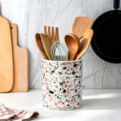 Kitchen Utensil Holder,7.2-inch Extra Large Sturdy Ceramic Terrazzo Marble Pattern Utensil Crock,Cooking Utensil Organizer for Kitchen Counter Decor,Storage Caddy Farmhouse Gift Nordic Pink