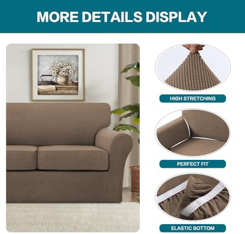Turquoize 4 Piece Sofa Covers for 3 Cushion Couch Sofa Slipcover Soft Couch Cover for Dogs-Washable Sofa Furniture Cover with 3 Individual Cushion Covers (3 Cushion Sofa, Macchiato)