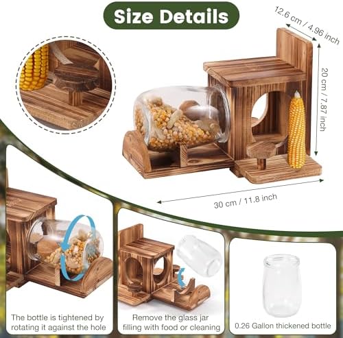 Squirrel Feeder, Wood Squirrel House, Squirrel Feeders for Outside Garden Tree, Chipmunk Feeder for Corn Peanuts, Removable Storage Bottle, 2 Stable Squirrel Stools