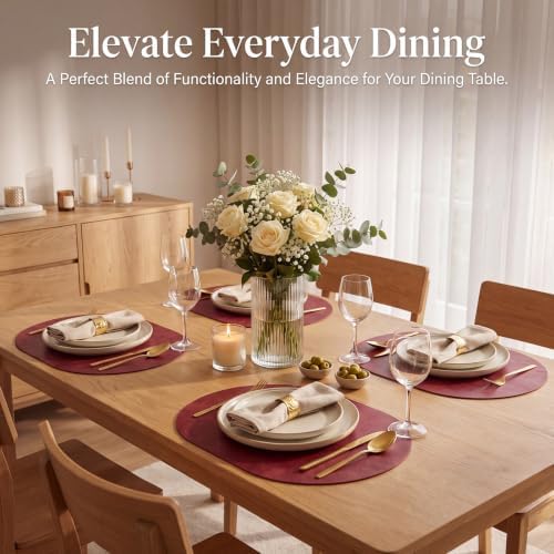 Oval Placemats Set of 6, Wipeable Faux Leather, Wine Red