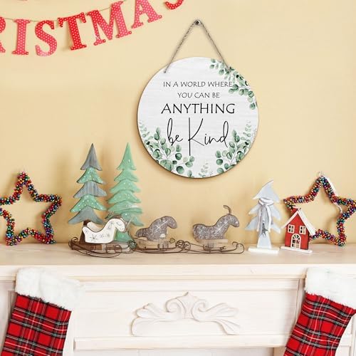 PHAMTE Inspirational Classroom Round Wreath Sign, Motivational Wall Hanging Plaque Wood Sign, in a World Where You Can Be Anything Be Kind Decorations for Wall Pediments Door Porch Room Home 12 Inch