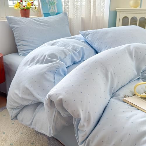 Blue Polka Dot Duvet Cover Full Size 3Pcs Cotton Double Layer Gauze Bedding