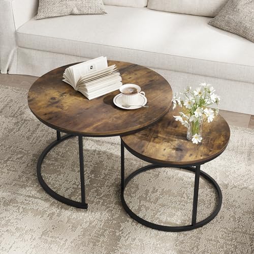 Smuxee Rustic Nesting Coffee Table Set of 2, 27.6" Round Coffee Table Wooden Marble Pattern with Adjustable Non-Slip Feet, Industrial End Table for Living Room Bedroom Balcony