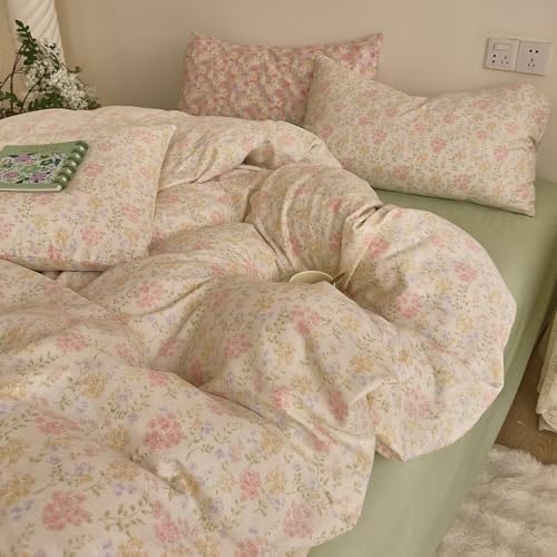 Floral Duvet Cover Set 3 Pcs,100% Cotton Double Gauze Twin Size Duvet Cover with 2 Pillowcases,Cute Pink Bedding Set for Teen Girls Women,Muslin Comforter Cover 68"×86"