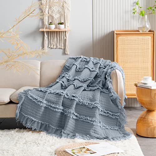 Ultra Soft Pre-Washed Quilted Throw Blanket, Ruffle Fringed Dark Blue Decorative Throw, Stone Washed Chic Rustic Blanket for Sofa Couch Bed Chair, 50"x 60"