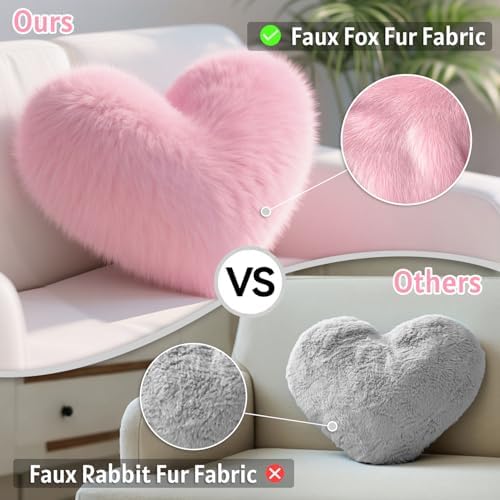 Pink Heart Pillow, Faux Fox Fur Heart Decorative Pillows, Heart Shaped Throw Pillow for Bed, Soft Fluffy Decorative Cushion for Chair Sofa Living Room - Plush Pillow Home Decor