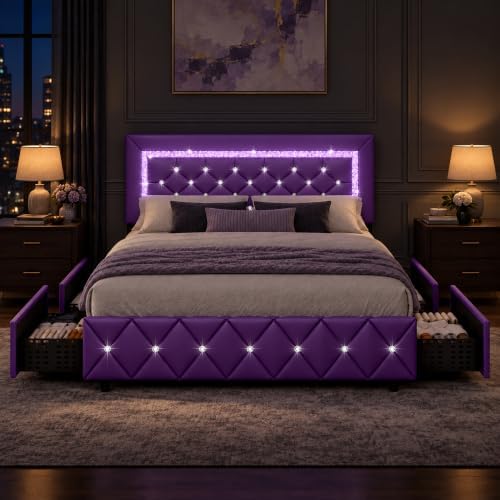 BarnFurin Full Size Bed Frame with Headboard, Faux Leather Upholstered Bed with Diamond Tufted Design, Mordern Bed Frame with Wooden Slats Suppor, No Box Spring Required, Easy Assembly, Purple