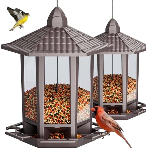 Birdream 2 Pack Bird Feeders for Outdoor, Retro Pagoda Design Fun Installation, Garden Gifts Hanging Bird Feeders for Garden Yard Outside Decoration Bird Watchers - Brown