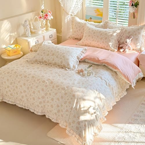 HighBuy Vintage Floral Cotton Duvet Cover Twin XL,Ruffle Lace Pink Floral Bedding Set for Girl College,Princess Ruffled Comforter Cover with Zipper,Breathable,3 Piece,All Season