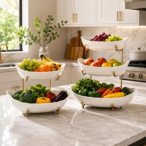 HBlife 2 Tier Large Fruit Bowl, Ceramic Fruit Basket for Kitchen Counter