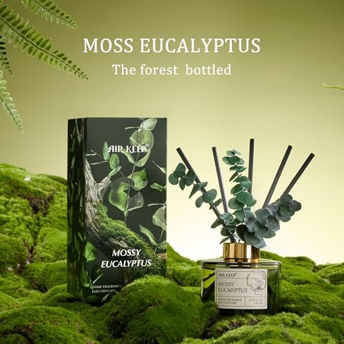 Airkeep Reed Diffuser Set with 6.76 fl oz Moss Eucalyptus Scent Essential Oils and 3 Leaves & 8 Diffuser Sticks,Bathroom Shelf Decor & Air Freshener, House Bedroom Office Decor & Gifts