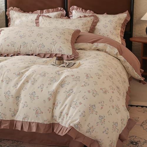 Twin Size Flower Print Duvet Covers with Pale Pink Ruffles Soft Vintage 100% Cotton Comforter Cover Set for Girls Kids,3 Pieces,Includes 1 Duvet Cover& 2 Pillowcases