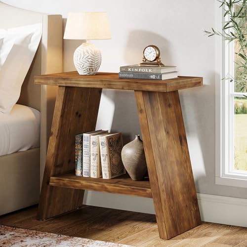 Solid Wood End Table for Living Room, Narrow Small Side Table with 2-Tier Storage, Farmhouse Bedside Nightstand for Bedroom, Small Places, Rustic Brown (1PCS)