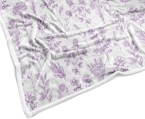 Floral Fuzzy Blanket Purple Floral Throw Blanket, Botanical Flowers Blankets, Soft, Flannel, Warm, Boho Flowers Bed Blankets All Season for Couch Bedroom Living Room 50X70 Inch