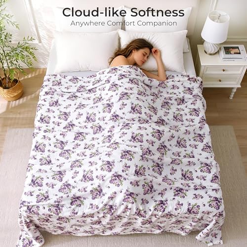 Muslin Blankets for Adults Reversible Throw Fleece & Gauze, Soft Cozy Lightweight Breathable Floral Blanket for Bed Couch, Double Layer Muslin Purple Rose Throw Cover 90"x108"