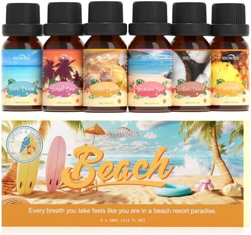 Beach Essential Oils Set, SNOWSEN Fragrance Oil for Diffuser, Candle Making, Soap Making, Spray,Sunbeam Coconut, Pineapple, Ocean Breeze, Sunset Cove, Golden Beach, Hawaiian Sea, Tropical Scented Oil