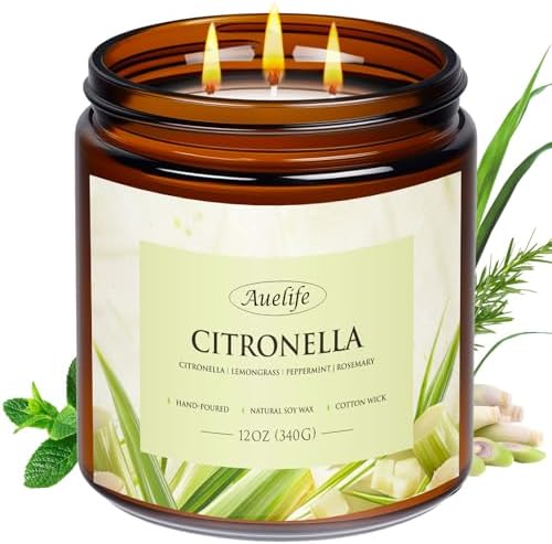 Auelife Scented Candles, 12oz Large 3-Wick Candle for Home Patio Camping & Garden, Natural Soy Wax Citronella Candle for Summer Gift, Long Lasting for Indoor Home Scented, 50+ Hour Burn