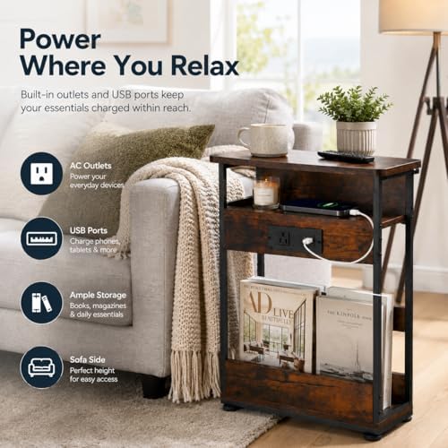 YEAKOO Narrow Side Table with Charging StationSmall Spaces Narrow End Table