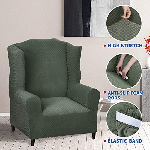 MAXIJIN Wingback Chair Covers 1-Piece Stretch Wing Chair Covers Soft Thick Wingback Armchair Slipcover Non-Slip High Back Chair Furniture Protector Washable (Wing Chair, Army Green)