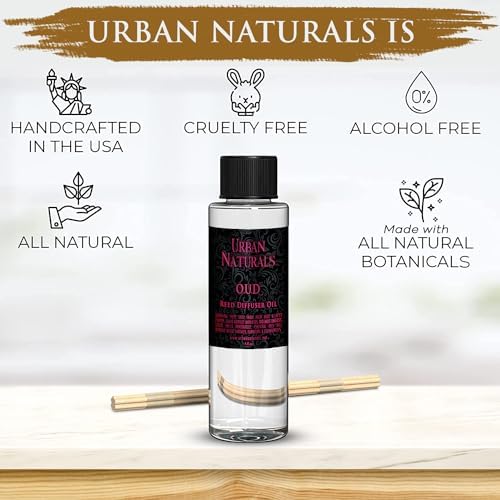 Urban Naturals Reed Diffuser Oil Refill, Oud Diffuser Oil with Raspberry, Warm Amber, Bergamot, 4 oz + Free Reed Sticks, Made in the USA