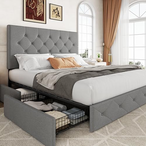 Allewie Queen Size Storage Bed Frame with 4 Underbed Drawers, Upholstered Platform Bed with Adjustable Headboard, Diamond Button Tufted, Easy Assembly, Noise-Free, No Box Spring Needed, Light Grey