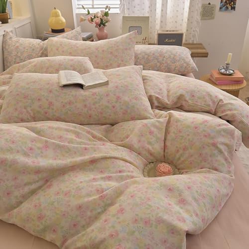 Floral Duvet Cover Set Queen Size Cotton Double Gauze Comforter Cover Queen Size Vintage Cottage Core Flower Soft Duvet Cover Set with Zipper Pattern Girly Bedding Set Boho Duvet Protector
