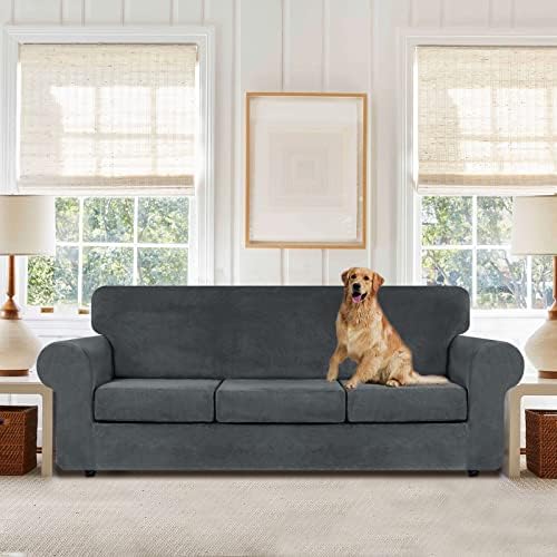 WEERRW 4 Pieces Couch Cover for Sofa Velvet Sofa Covers Washable, Dark Grey