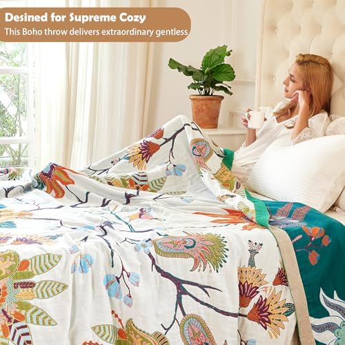 VANJOROY Boho Throw Blanket, 100% Organic Cotton Breathable Skin-Friendly Ultra Soft Bed Quilt Throw - All Season Floral Bird Farmhouse Décor Luxury Blanket for Sofa Couch Chair and Gift. 50" x 60"
