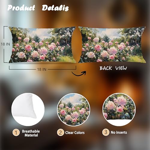 Vintage Rose Garden Nature Scene Pillow Cover 12x20 Double-Sided, Cottagecore Pink Flower Decorative Lumbar Throw Pillow Cover for Home Bedroom Living Room