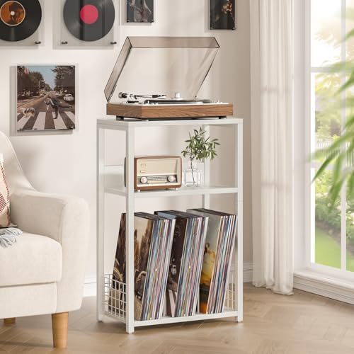 LELELINKY Large White Record Player Stand, 3 Tier 18" Wide Big End Table with Vinyl Storage Up to 130 Albums, Industrial Turntable Printer Tables, Modern Side Tables for Living Room, Bedroom, Office