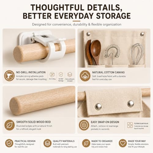 No Drill Canvas Wall Organizer with Mounting Clips, Hanging Pocket Organizer with Wooden Rod, Fabric Wall Storage for Bedroom, Bathroom, Entryway (Medium & Small Set)