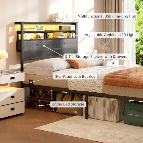 Twin Bed Frames with Charging Station and LED Lights, Black Oak