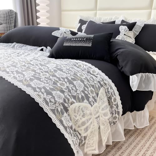 MOOWOO Ruffled Bedding Bow Duvet Cover -Twin Size Black Chic Lace Bedding Set with Cute Bowtie-2 Pieces Soft Comforter Cover Set with Zipper Closure-No Comforter-Black,Twin Size