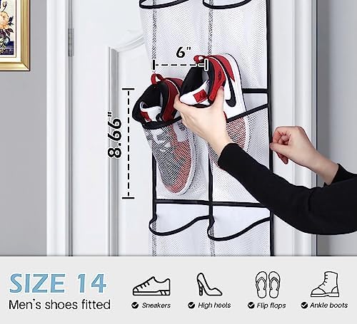 MISSLO Over The Door Shoe Organizer 12 Large Mesh Pockets Hanging Narrow Closet Door, White, 2 Pack