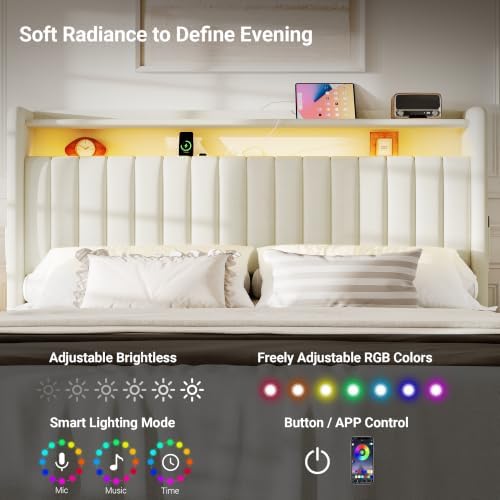 S.E.C.D Upholstered King Size Headboard Only, 2-Tier Storage, Beige