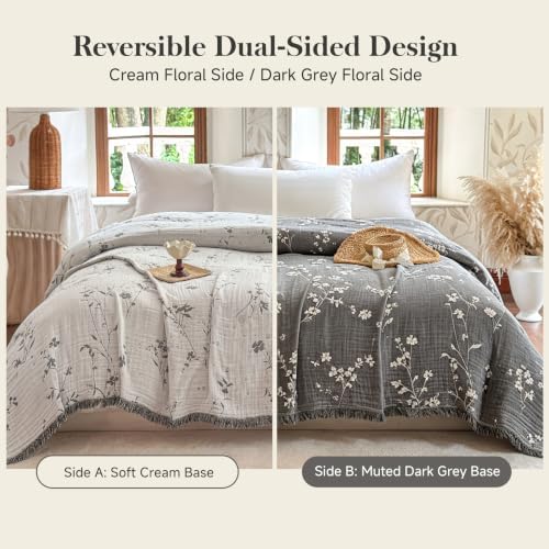 QKTE 100% Cotton Muslin Throw Blanket with Tassels, Lightweight Breathable Reversible Cooling Floral Gauze Blanket for Couch Bed, All Season Decorative Bedspread (White Grey, 50" x 60")