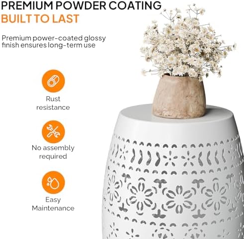 VINGLI Outdoor Iron Side Table, Patio End Table Anti-Rust Metal Round Drum Garden Stool Plant Stand Indoor Iron Accent Table for Patio Deck Porch Living Room (White)