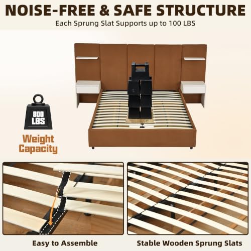 Queen Size Bed Frame with Storage & Built-in Nightstands & Drawers, Ocher