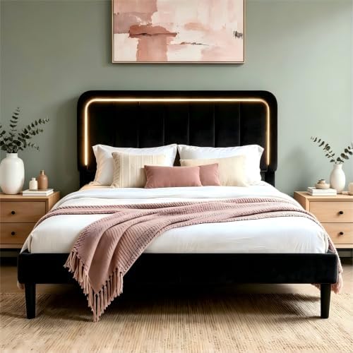 Garvee Queen Size Bed Frame with LED Lights & Upholstered Headboard