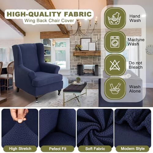 NILUOH Stretch Wingback Chair Slipcover 2-Piece Wing Chair Slipcovers Sofa Cover Furniture Protector Soft with Elastic Bottom, Spandex Jacquard Fabric,Dark Blue