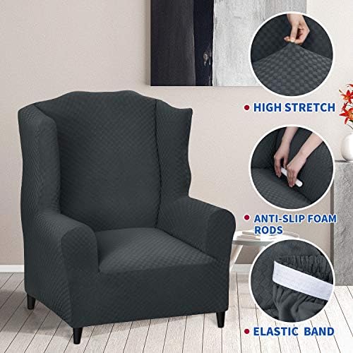 MAXIJIN Wingback Chair Covers 1-Piece Stretch Wing Chair Covers Soft Thick Wingback Armchair Slipcover Non-Slip High Back Chair Furniture Protector Washable (Wing Chair, Dark Gray)