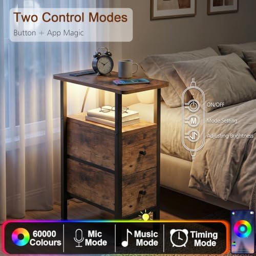 LOAKEKEL Narrow End Table with Charging Station, Small Nightstand