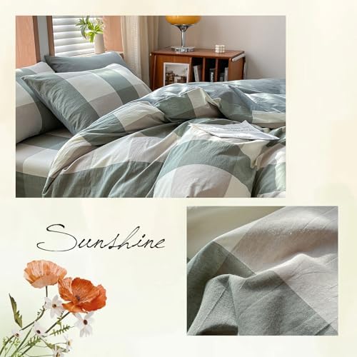 AOJIM Green Plaid Duvet Cover 3-Piece Set Soft Breathable 100% Washed Cotton Reversible Bedding Set Farmhouse Vintage Comforter Cover and 2 Pillowcases Neutral Zipper Bedding Duvet Cover Set King Size