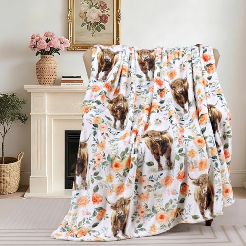 Highland Cow Blanket Watercolor Flower Throw Blanket Fall Farmhouse Plush Throw Blankets Rustic Cow Fleece Blankets Ultra Soft Cozy Blankets for Couch Bed Sofa 60 x 80 Inch