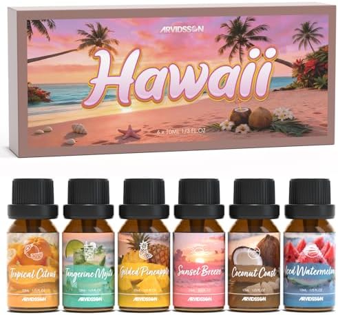 ARVIDSSON Hawaii Fragrance Oil Set, Summer Essential Oils for Diffuser, Tropical Scent Oils - Sunset Breeze, Coconut Coast, Gild Pineapple, Tropical Citrus, Iced Watermelon, Tanderine Mojito