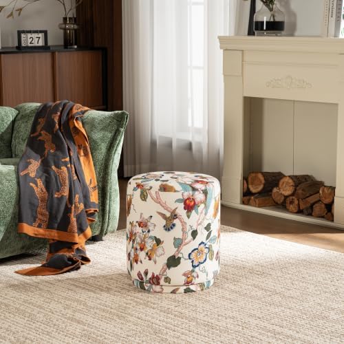 15.7" Swivel Vanity Stool, Floral Velvet Round Ottoman, Beige
