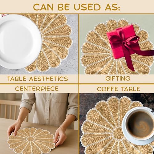 ALPHA Living HOME 2-Pack Round Placemats, Glass Beads, Gold Silver, 13 Inch