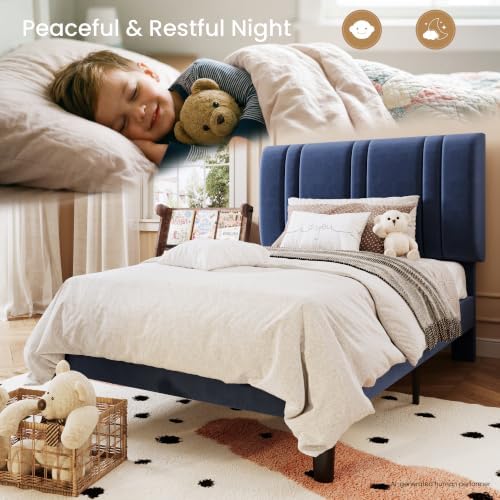 SHA CERLIN Twin Size Velvet Bed Frame with Adjustable Headboard, Blue