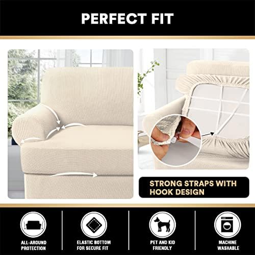 PrinceDeco T Cushion Sofa Slipcover 4 Pieces Sofa Covers for T Cushion Couch Soft Sofa Slip Covers Furniture Protector with 3 Individual T Shape Seat Covers (70"-88") Washable, Natural